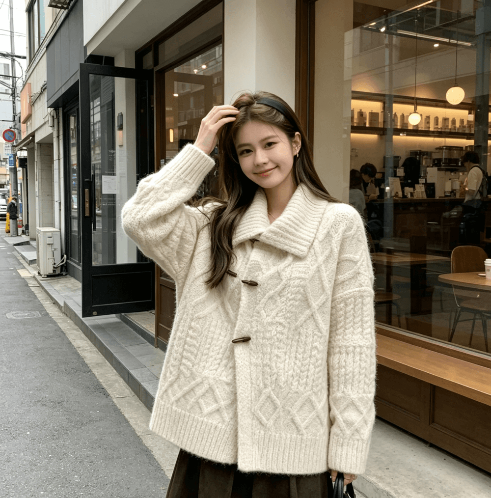 im ~까지 무거운 작업 트위스트 꽃 소뿔 버클 폴로 칼라 느긋한 꽈배기 스웨터 여성 가을 양모 스웨터 코트 상세 이미지 7