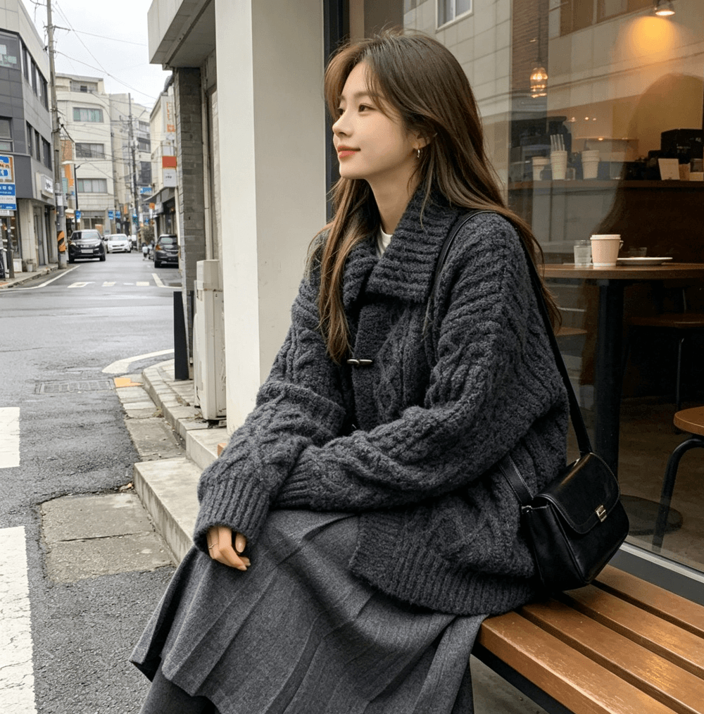 im ~까지 무거운 작업 트위스트 꽃 소뿔 버클 폴로 칼라 느긋한 꽈배기 스웨터 여성 가을 양모 스웨터 코트 상세 이미지 12