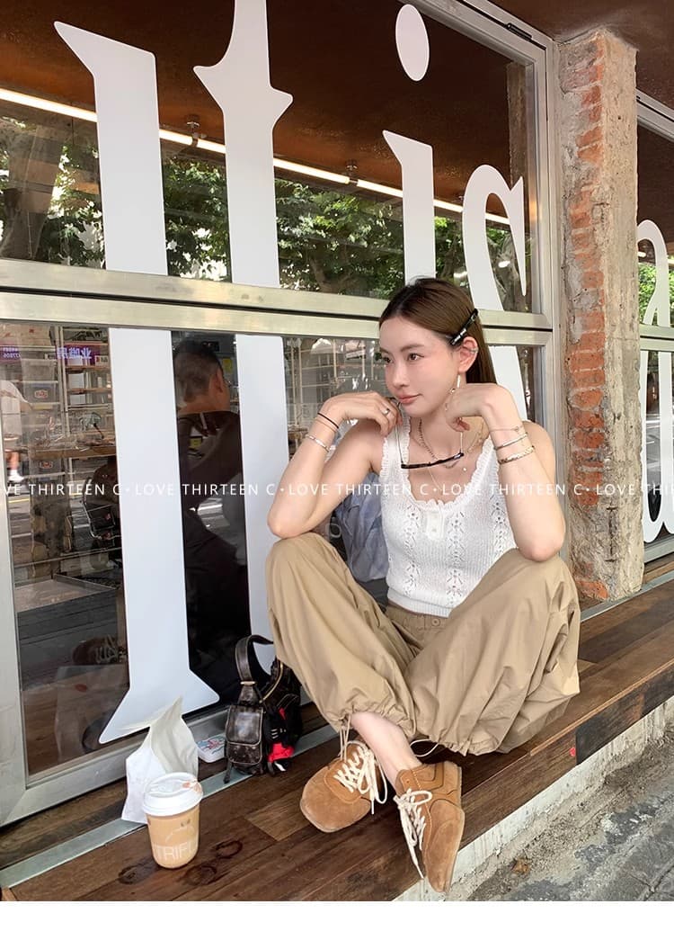 한국 동대문 순수한 욕망 바람 자수 홀로우 아웃 여성 봄 가을 레이스업 쇼트 스타일 오픈 가디건 레이스 조끼 부드러운 투피스 세트 상세 이미지 16