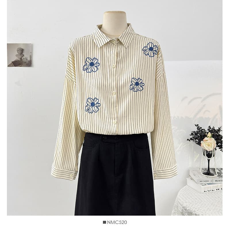 2026 봄 드레스 새로운 자수 꽃 POLO 칼라 긴팔 세로 줄무늬 단색 셔츠 상세 이미지 3