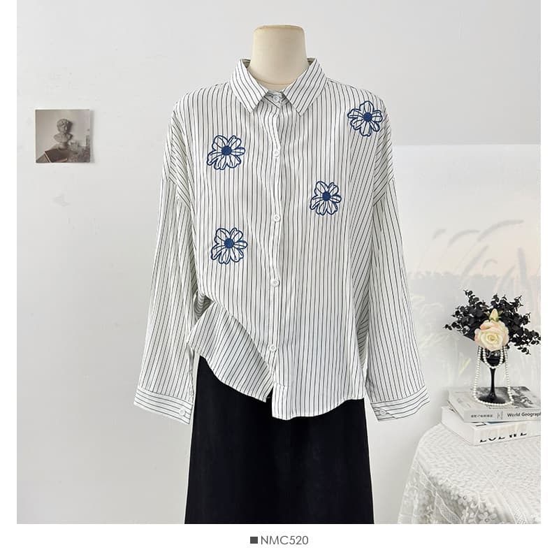 2026 봄 드레스 새로운 자수 꽃 POLO 칼라 긴팔 세로 줄무늬 단색 셔츠 상세 이미지 4