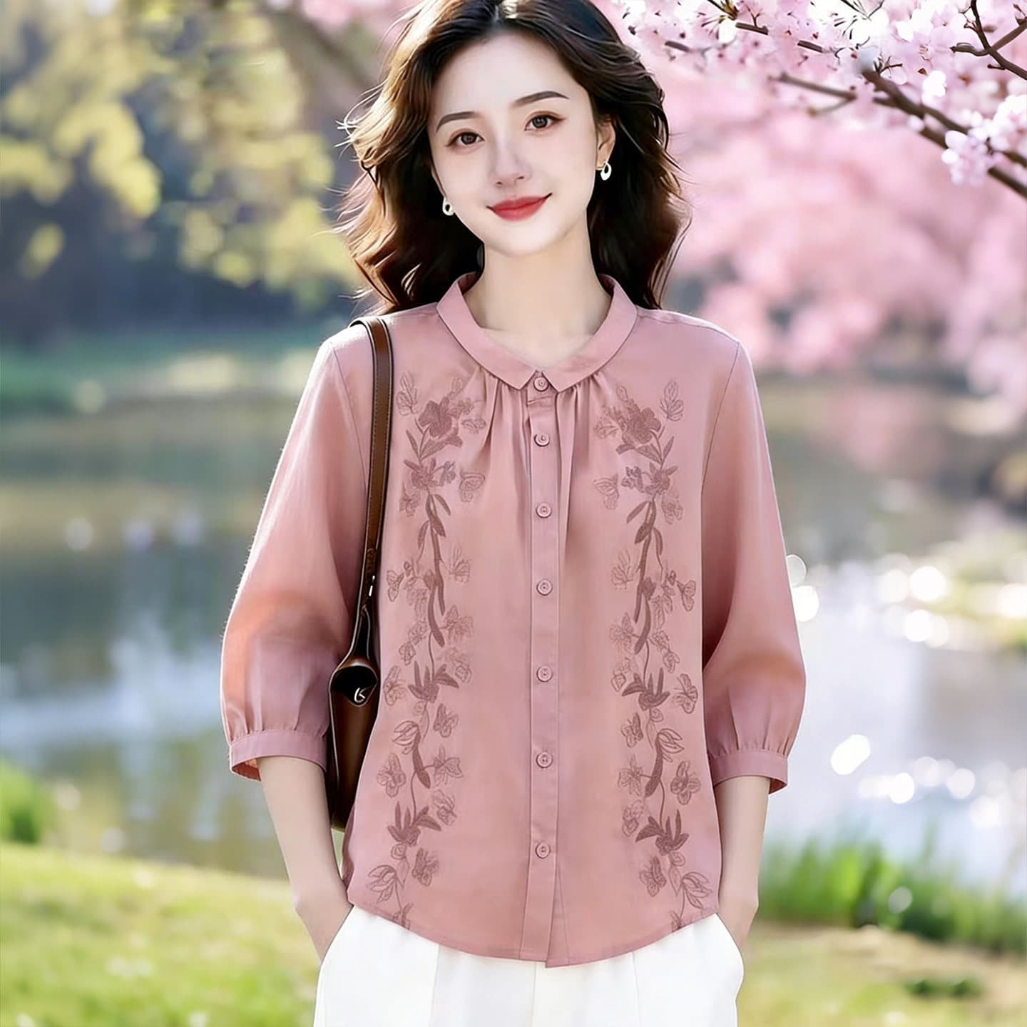 2026 봄 여름 자수 작은 폴로 칼라 루즈핏 셔츠 이미지 3