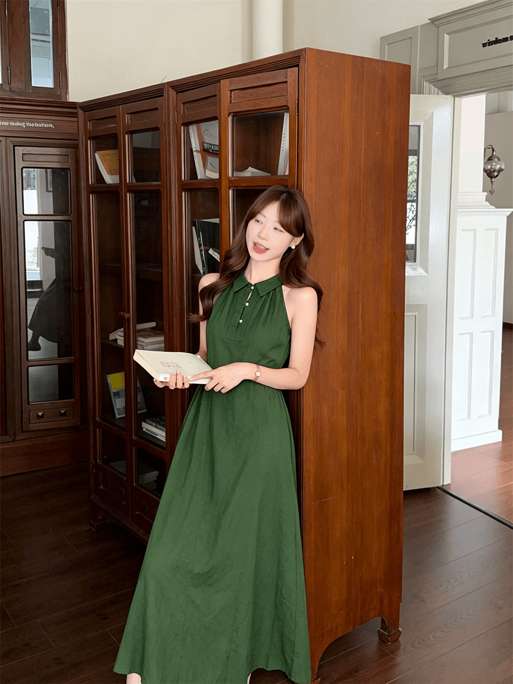 실사 재고 있음 레트로 아마 흔들다 칼라 민소매 녹색 행침 목 양면 착용 드레스 상세 이미지 1