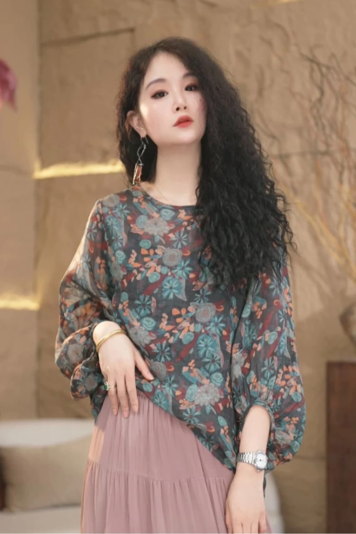 고급 레트로 프린트 라미 여성 셔츠 문예 벌룬 소매 셔츠 품격 루즈핏 풀오버 맨위 이미지 6