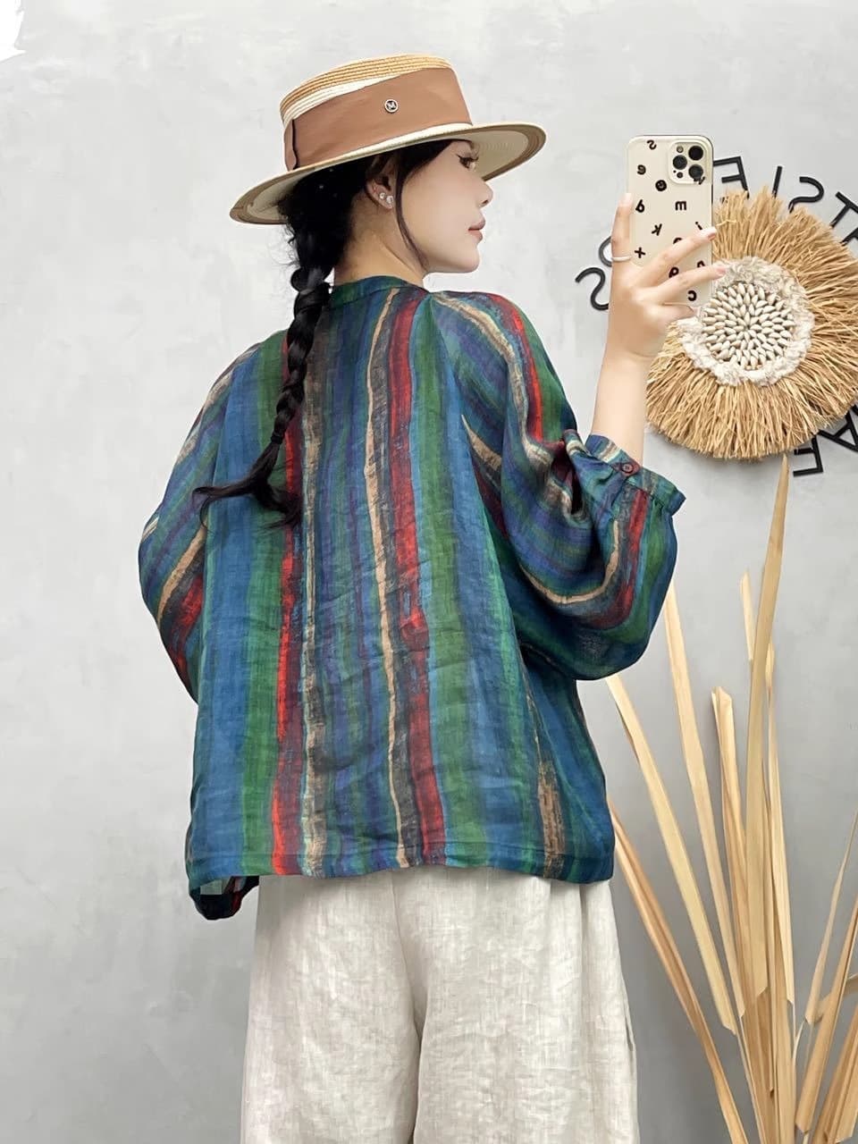 2025 여름 새로운 문예 레트로 라미 여성 셔츠 벌룬 소매 상세 이미지 6