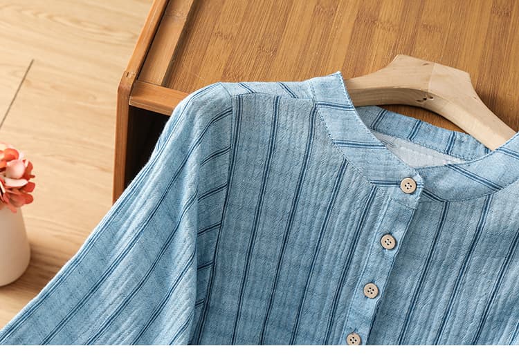 일식 문예 면사 맨위 작은 셔츠 자연 질감 주름 센스 미니멀리즘 세로 줄무늬 루즈핏 배트윙 소매 여성 셔츠 상세 이미지 23