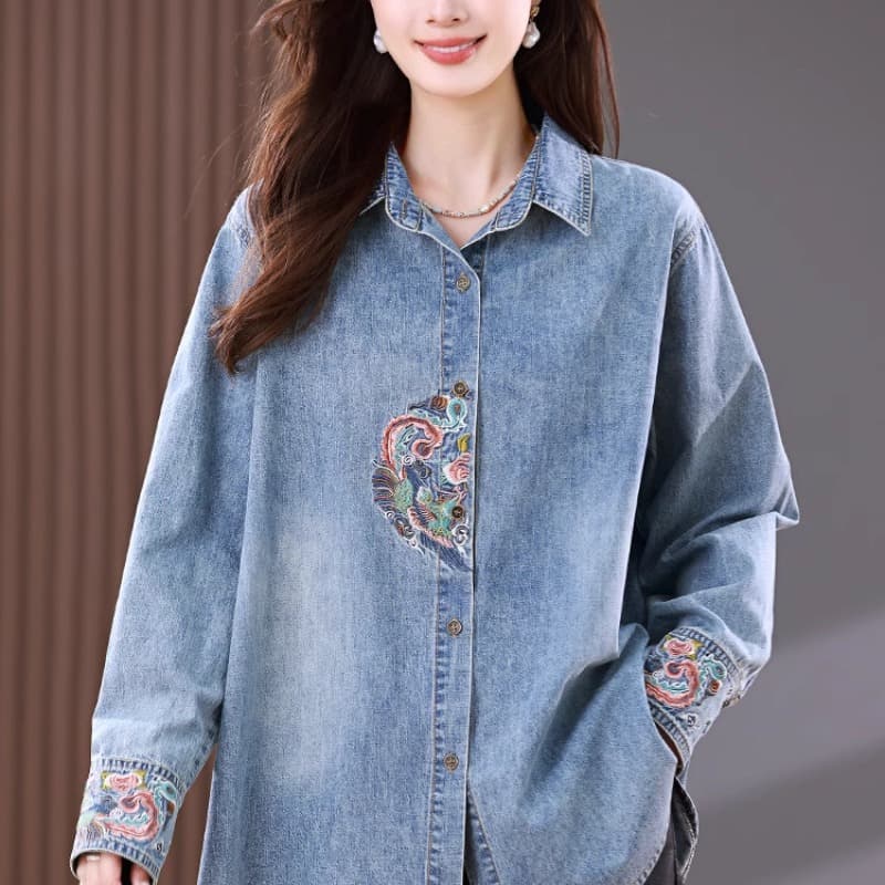 데님 셔츠 여성 코트 봄 가을 새로운 2026 빅 사이즈 루즈핏 패션 셔츠 얇은 스타일 국풍 자수 맨위 트렌디 이미지 5