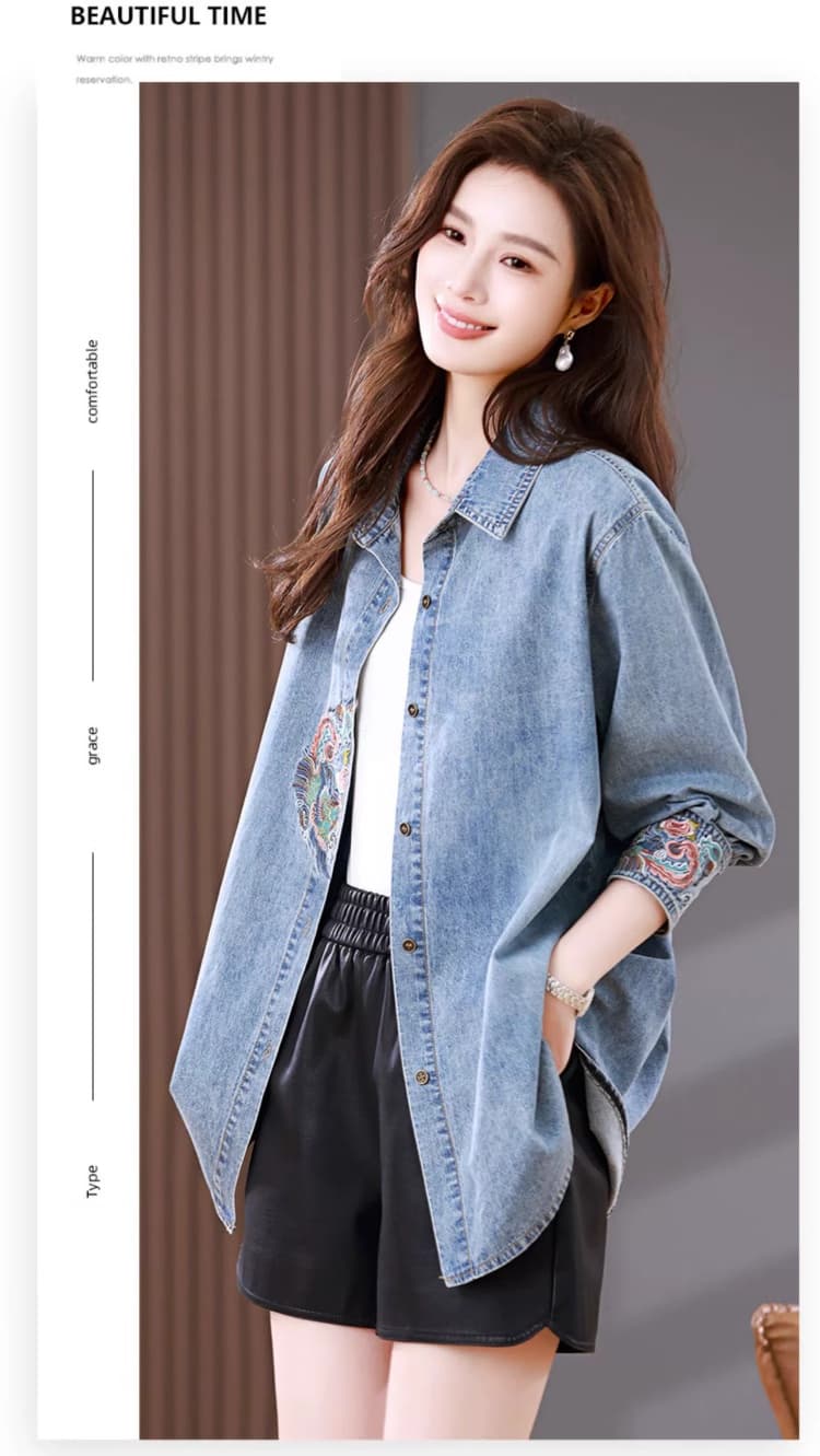 데님 셔츠 여성 코트 봄 가을 새로운 2026 빅 사이즈 루즈핏 패션 셔츠 얇은 스타일 국풍 자수 맨위 트렌디 상세 이미지 12