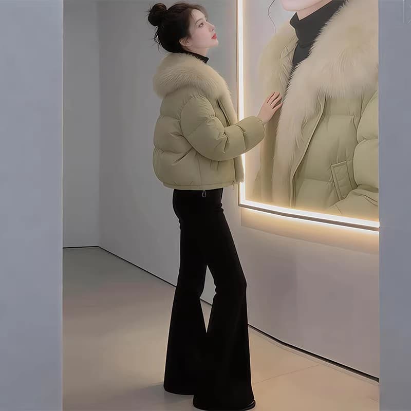 경관 그림 부드러운 색상 시스템 큰 모피 칼라 면 의류 여성 2025 겨울 푹신한 쇼트 스타일 패딩 재킷 겨울 품격 가벼운 따뜻함 센스 이미지 3