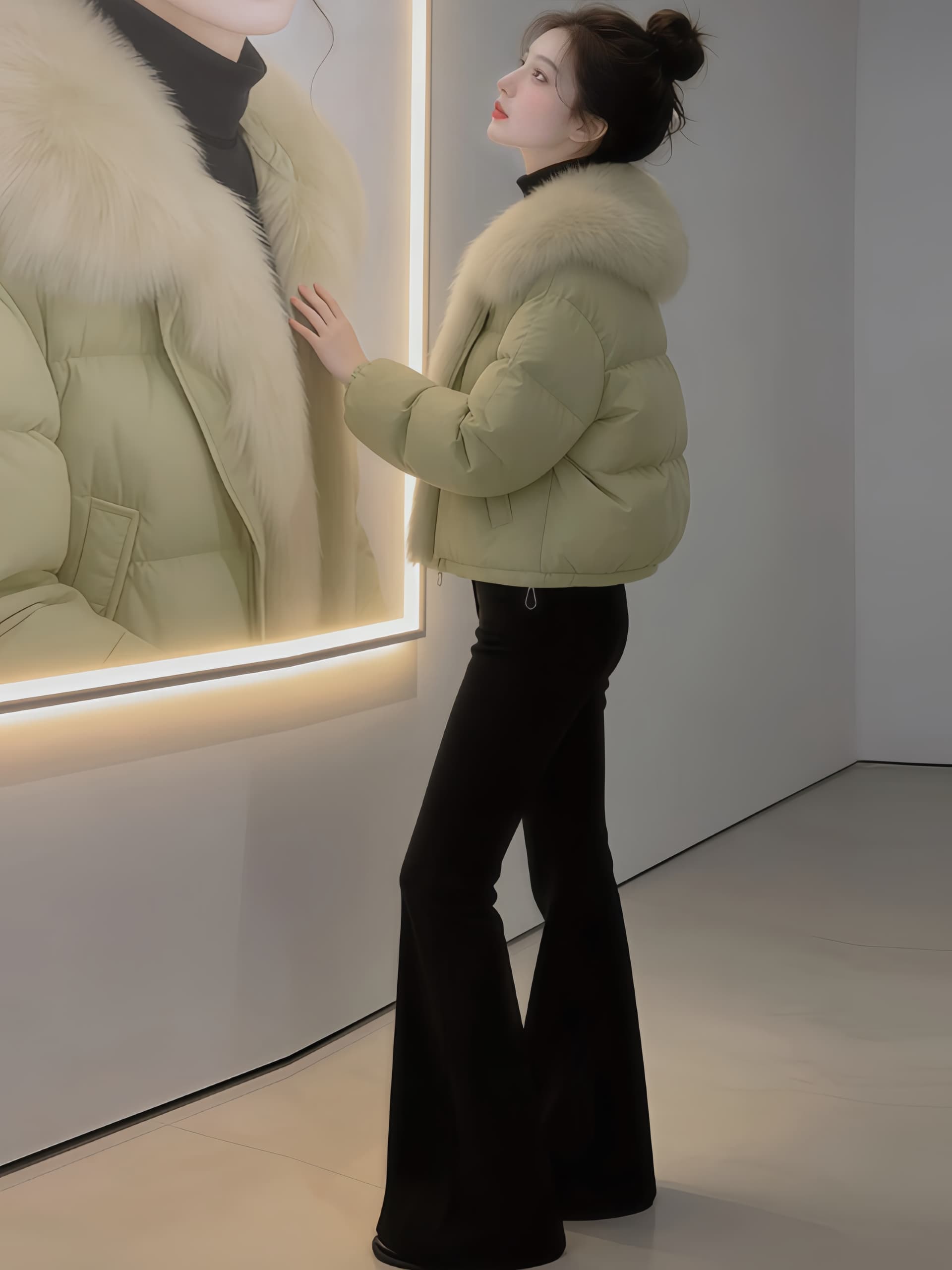 경관 그림 부드러운 색상 시스템 큰 모피 칼라 면 의류 여성 2025 겨울 푹신한 쇼트 스타일 패딩 재킷 겨울 품격 가벼운 따뜻함 센스 상세 이미지 4