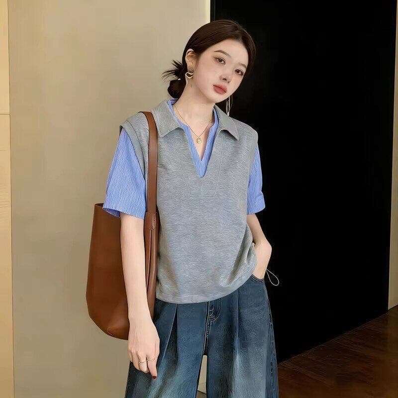 경관 그림 2026 여름 새로운 여성 V넥 긍정적 인 어깨 페이크 레이어드 반팔 셔츠 빅 사이즈 슬림해 보이는 유럽 상품 맨위 이미지 5
