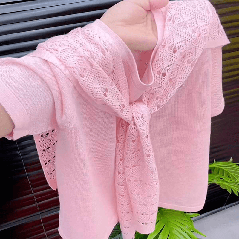 경관 그림 2026 년 여름 새로운 여성 부드러운 느긋한 바람 니트 숄 고급 디자인 센스 라운드 넥 반팔 상세 이미지 5
