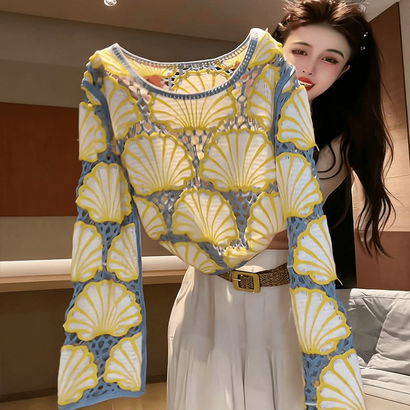 경관 그림 2026 여름 새로운 여성 디자인 센스 홀로우 아웃 긴팔 티셔츠 캐주얼 외국 가스 라운드 넥 자외선 차단 맨위 이미지 2