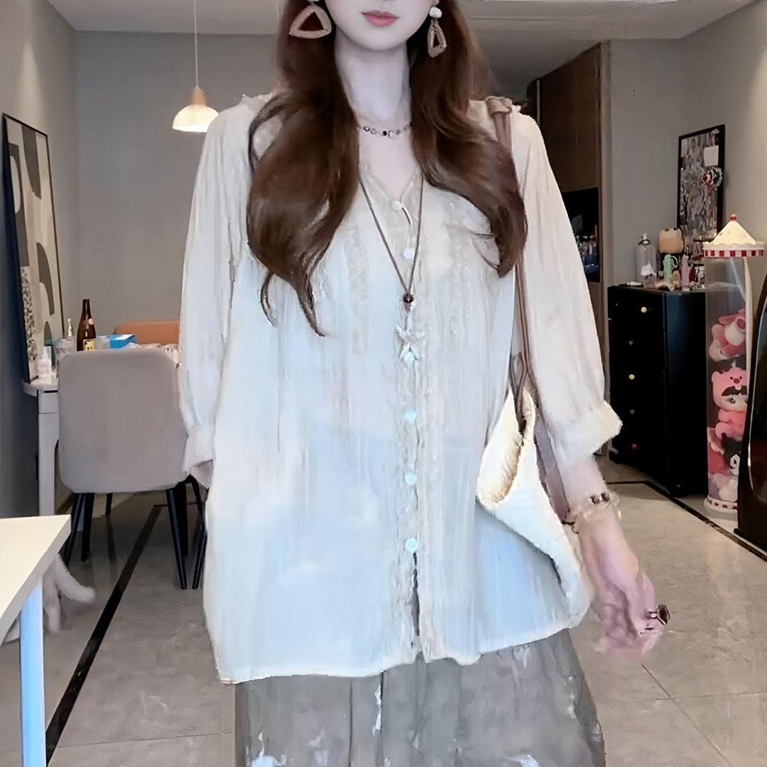경관 그림 셔츠 여성 2026 여름 새로운 프랑스식 고급 패션 자외선 차단 작은 셔츠 캐주얼 루즈핏 맨위 이미지 5