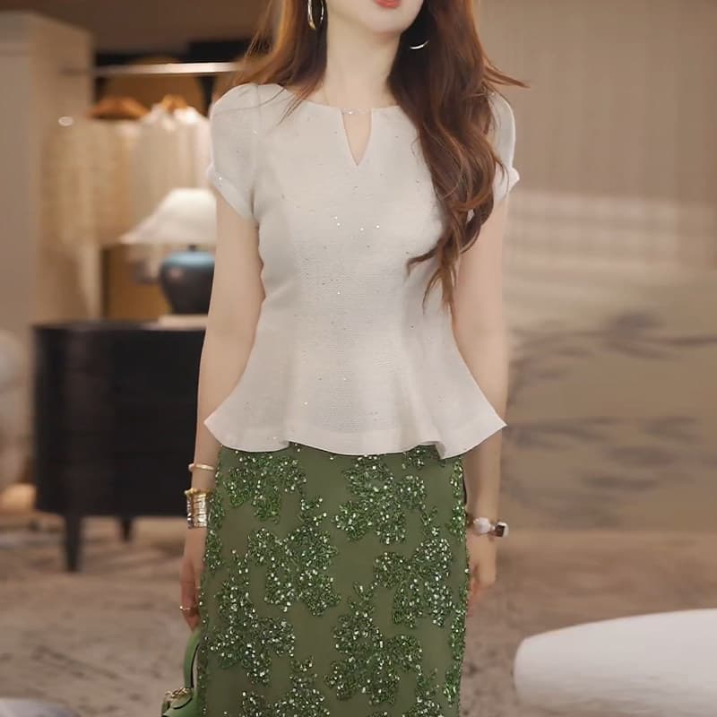 경관 그림 빛 사람들 코치 착용 가져 가라. 전체 집합 여성 2026 여름 새로운 프릴 맨위 녹색 반신 스커트 이미지 6