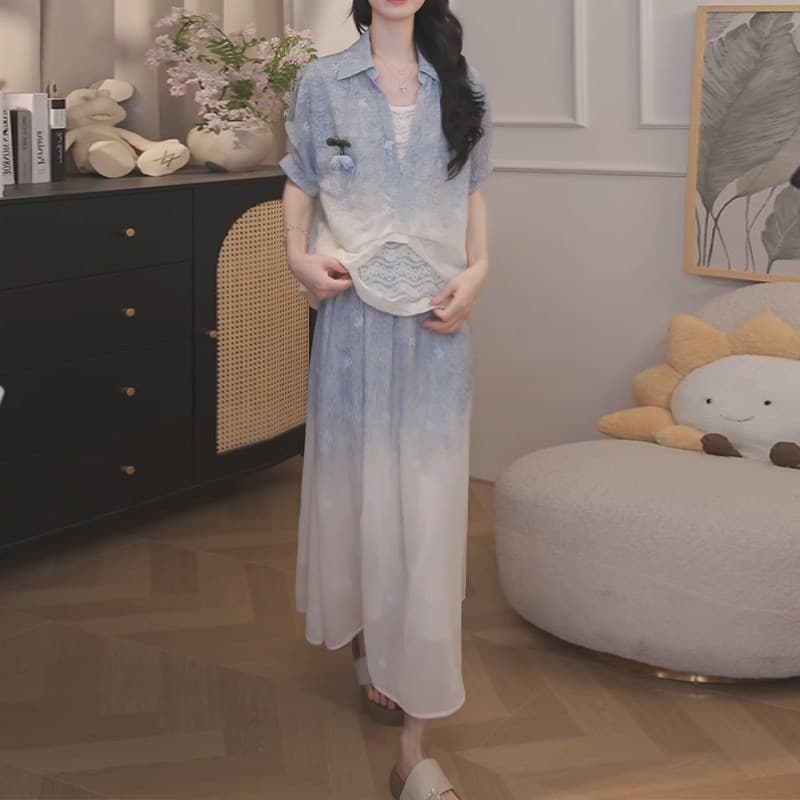 경관 그림 자이언트 잘 생긴 아름다운 투피스 슈트 2026 여름 새로운 여성 슬림해 보이는 맨위 반신 롱 스커트 세트 이미지 5