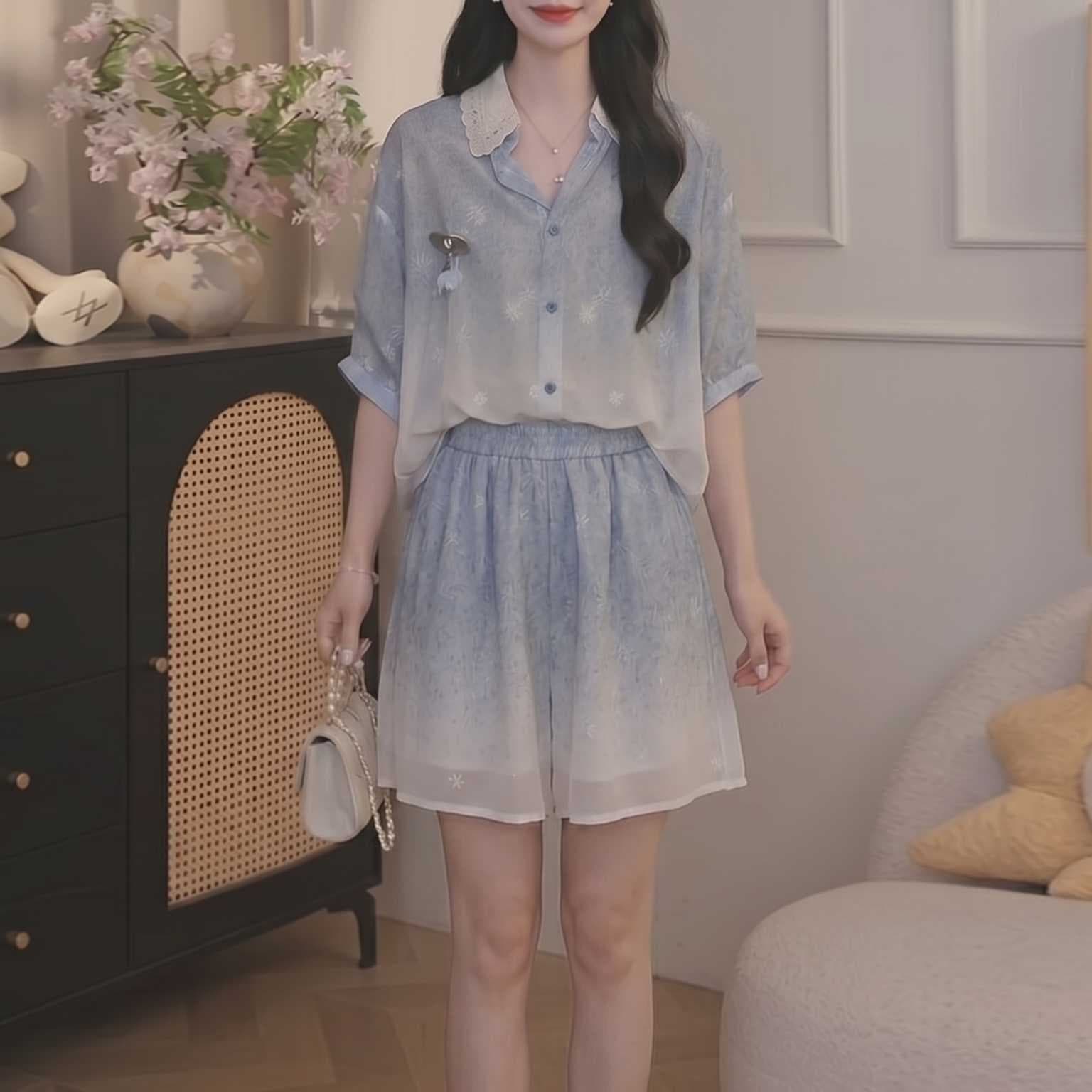 경관 그림 2026 여름 새로운 여성 품격 세트 패션 연령 감소 그라데이션 셔츠 하이웨이스트 반바지 투피스 세트 이미지 6