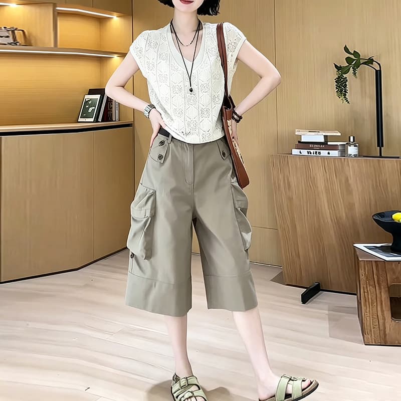 경관 그림 2026 여름 새로운 여성 캐주얼 세트 페이크 레이어드 니트 맨위 7 점 와이드 레그 팬츠 투피스 세트 이미지 5