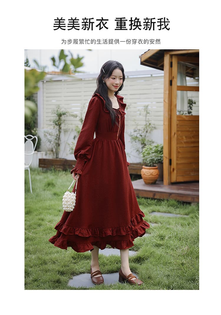 2026 빨간색 바람 리프 프릴 빨간색 고급 센스 프랑스식 그는 벤 바람 허리 수축 슬림해 보이는 품격 드레스 상세 이미지 4