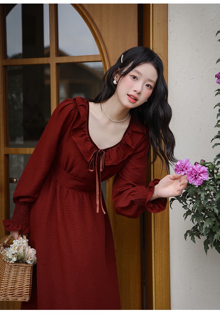 2026 빨간색 바람 리프 프릴 빨간색 고급 센스 프랑스식 그는 벤 바람 허리 수축 슬림해 보이는 품격 드레스 상세 이미지 15