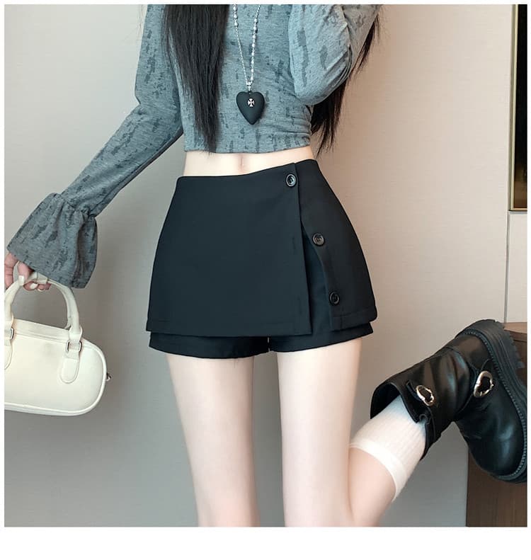 실사 2025 이른 가을 정장 바지 페이크 레이어드 디자인 하이웨이스트 한 마디 치마바지 화이트 상세 이미지 1