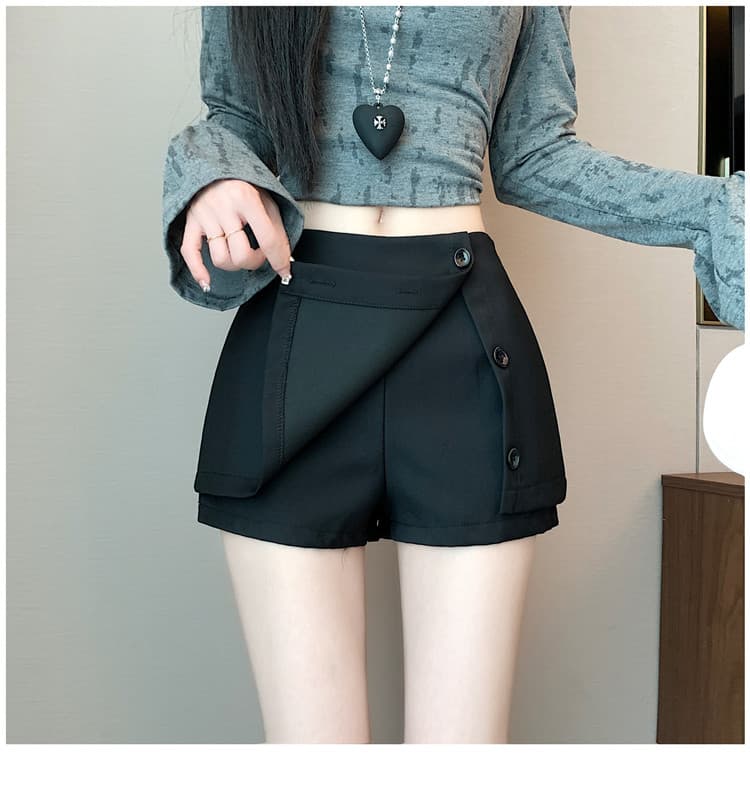 실사 2025 이른 가을 정장 바지 페이크 레이어드 디자인 하이웨이스트 한 마디 치마바지 화이트 상세 이미지 3