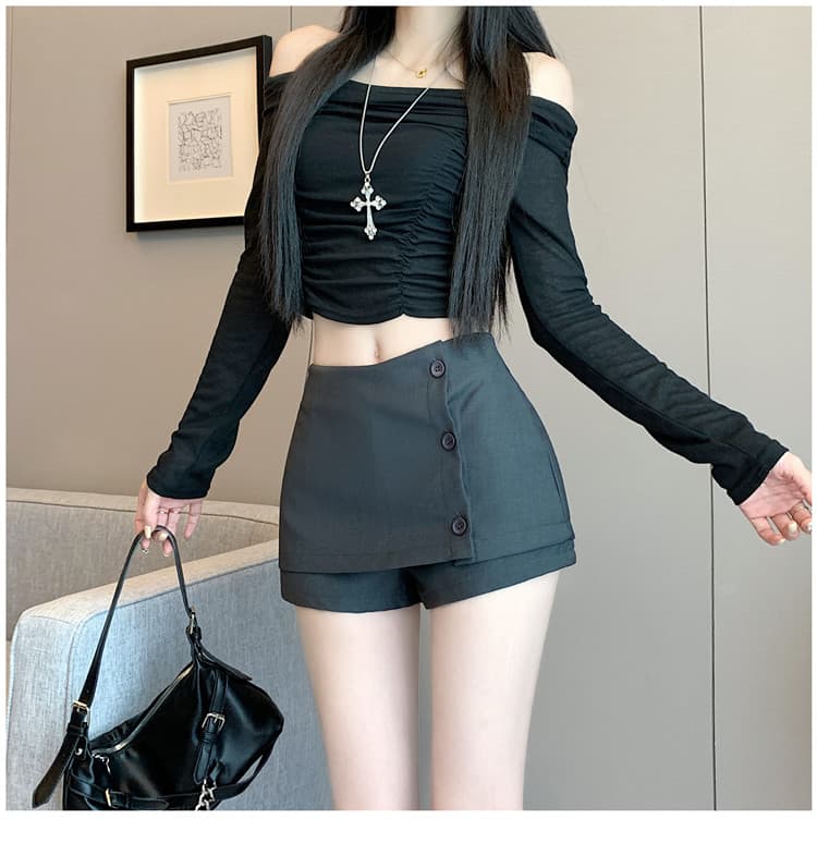 실사 2025 이른 가을 정장 바지 페이크 레이어드 디자인 하이웨이스트 한 마디 치마바지 화이트 상세 이미지 23
