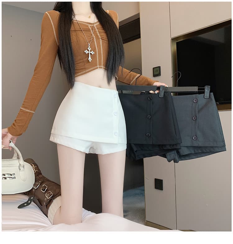 실사 2025 이른 가을 정장 바지 페이크 레이어드 디자인 하이웨이스트 한 마디 치마바지 화이트 상세 이미지 30