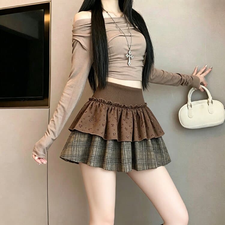 실사 2026 가을 겨울 한국 스타일 달콤함 레트로 배색 패치워크 반신 스커트 작은 키 미니 스커트 상세 이미지 11