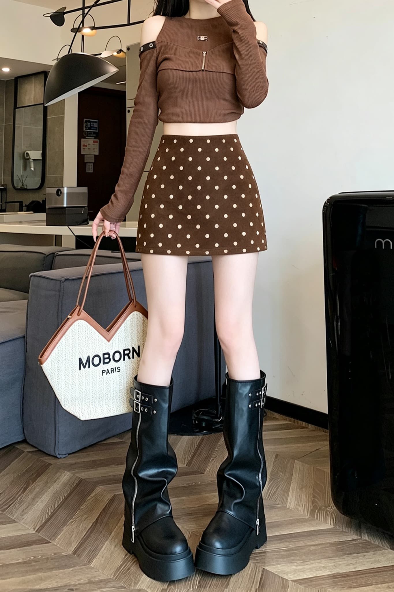 실사 가을 겨울 달콤함 스웨이드 원단 도트 무늬 한 마디 반신 스커트 여성 작은 키 미니 스커트 이미지 6
