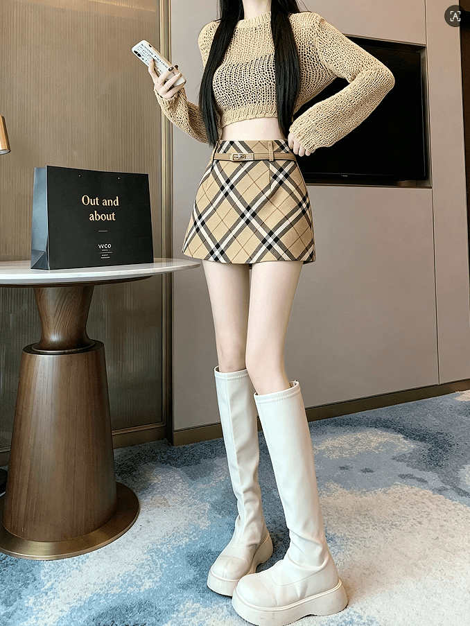 실사 레트로 체크무늬 모직 반신 스커트 작은 키 한 마디 미니 스커트 플러스 벨트 상세 이미지 3