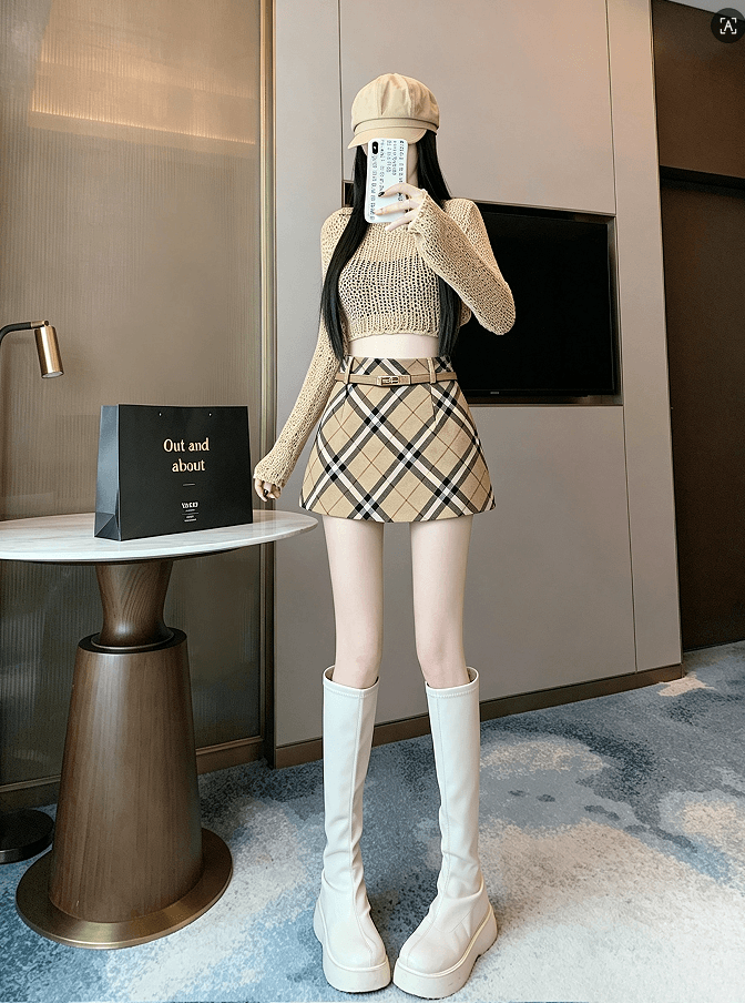 실사 레트로 체크무늬 모직 반신 스커트 작은 키 한 마디 미니 스커트 플러스 벨트 상세 이미지 5