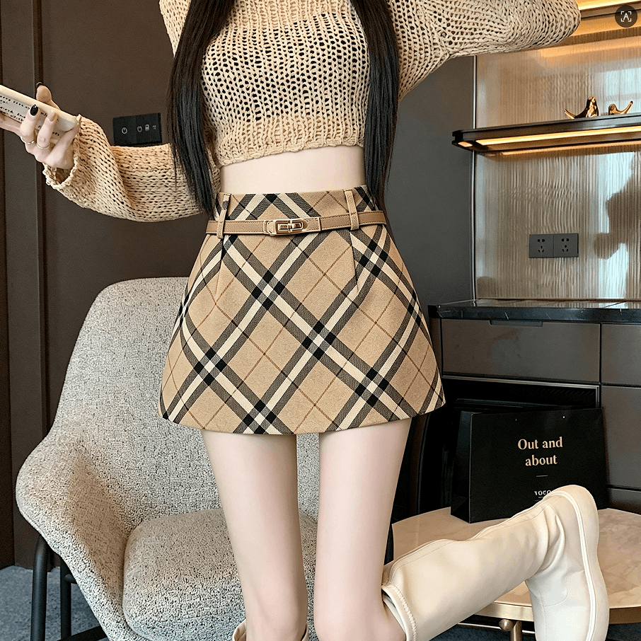 실사 레트로 체크무늬 모직 반신 스커트 작은 키 한 마디 미니 스커트 플러스 벨트 상세 이미지 8