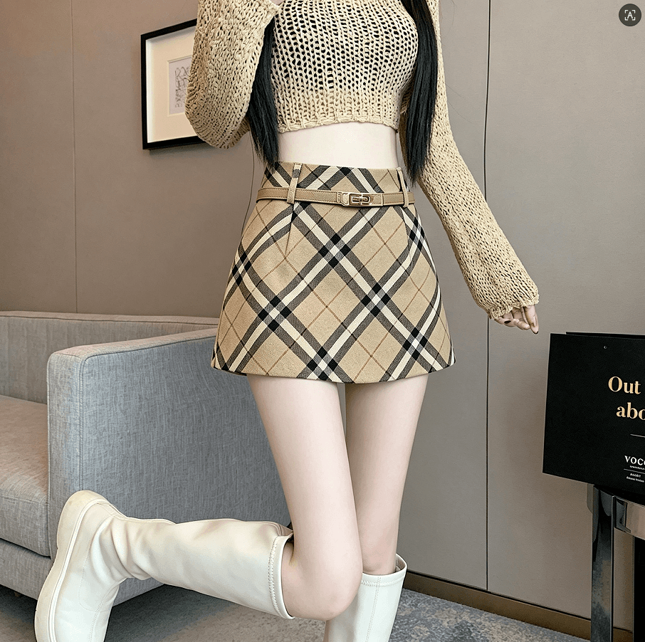 실사 레트로 체크무늬 모직 반신 스커트 작은 키 한 마디 미니 스커트 플러스 벨트 상세 이미지 9