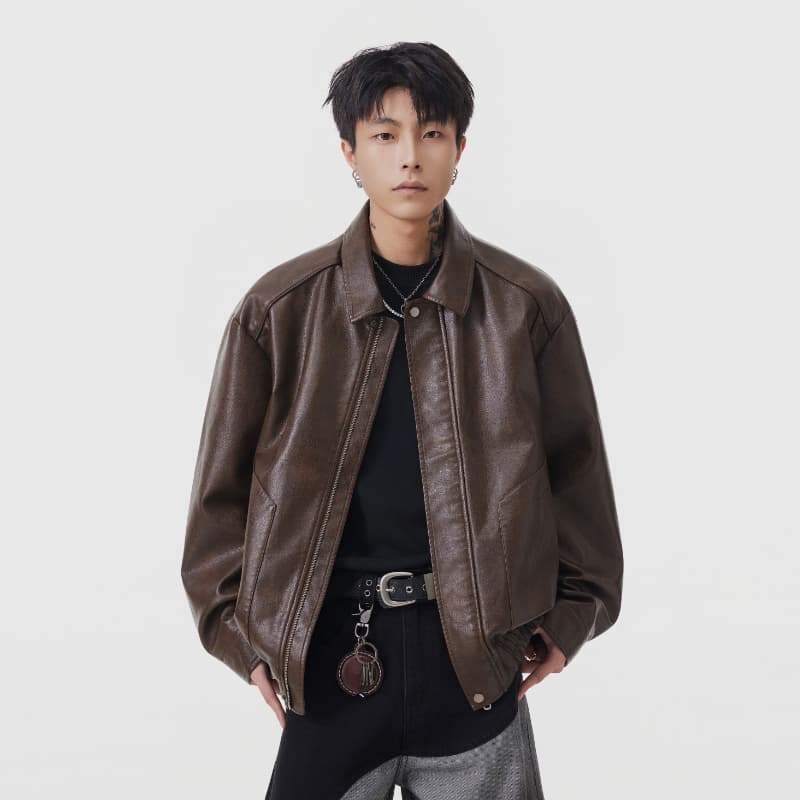 실사 가을 겨울 새로운 조수 브랜드 가죽 재킷 재킷 남자 루즈핏 다용도 남녀 중성 섹션 방풍 가죽 자켓 재킷 이미지 2