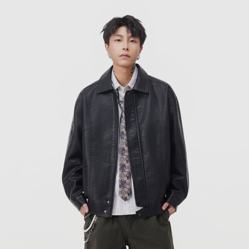 실사 2025 가을 겨울 새로운 조수 브랜드 패치워크 가죽 재킷 남자 루즈핏 다용도 남녀 중성 섹션 한국 스타일 재킷 재킷 이미지 2