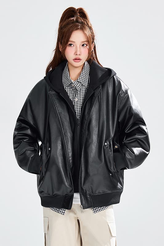 겨울 의류 새로운 pu 면 옷 남자 후드 루즈핏 핏 스타일 캐주얼 두꺼운 페이크 레이어드 가죽 재킷 면 의류 목화 진딧물 재킷 이미지 6