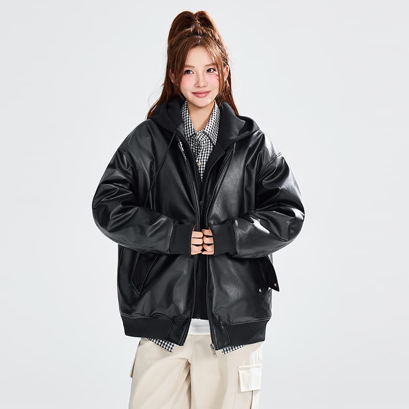 겨울 의류 새로운 pu 면 옷 남자 후드 루즈핏 핏 스타일 캐주얼 두꺼운 페이크 레이어드 가죽 재킷 면 의류 목화 진딧물 재킷 이미지 4