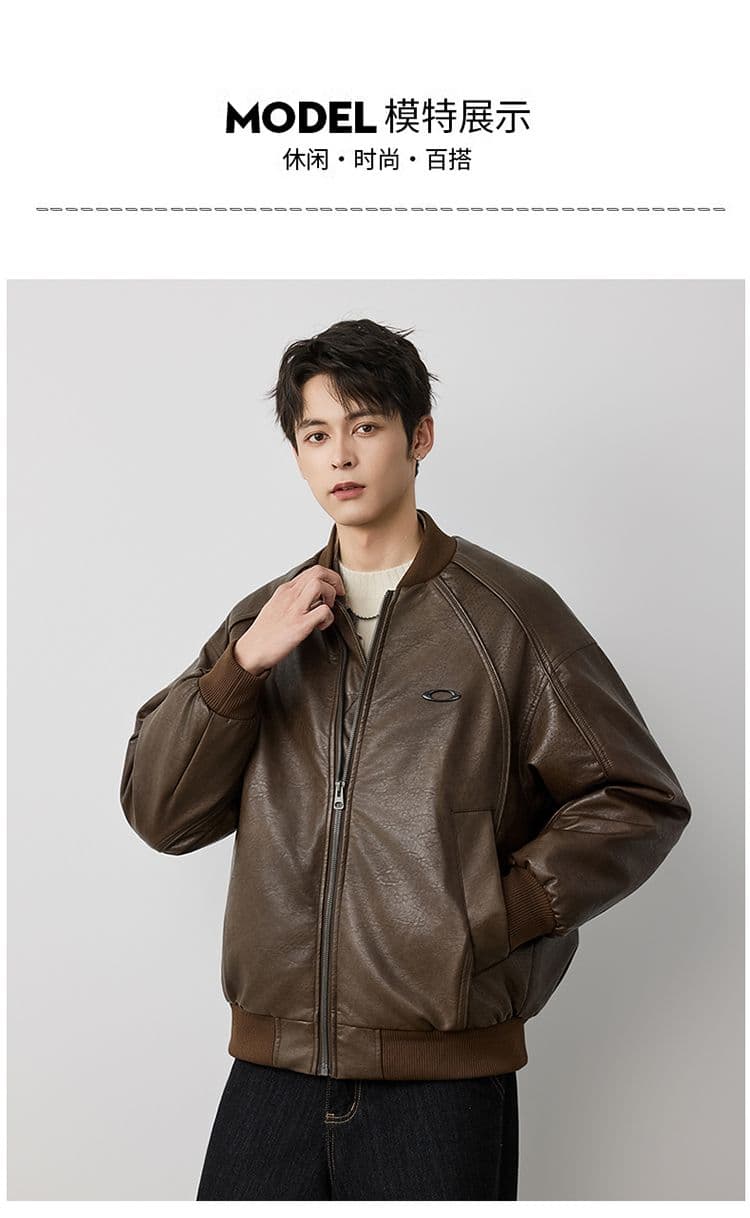 새로운 국가 표준 90 플러시 가죽 재킷 다운 재킷 남자 아메리칸 웃음 하 재킷 조수 브랜드 루즈핏 솜을 넣은 야구 유니폼 가죽 자켓 상세 이미지 8