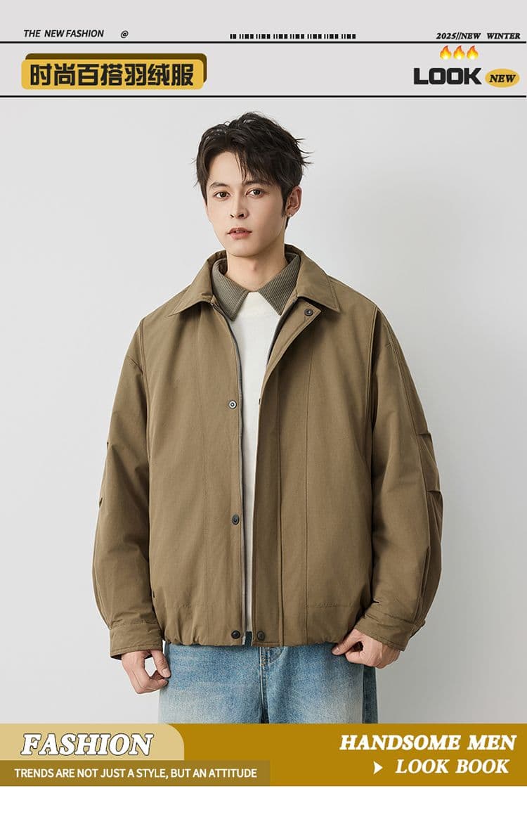 새로운 국가 표준 90 플러시 겨울 폴로 칼라 단색 보온 다운 재킷 남성 미니멀리즘 다용도 새로운 레트로 재킷 상세 이미지 1
