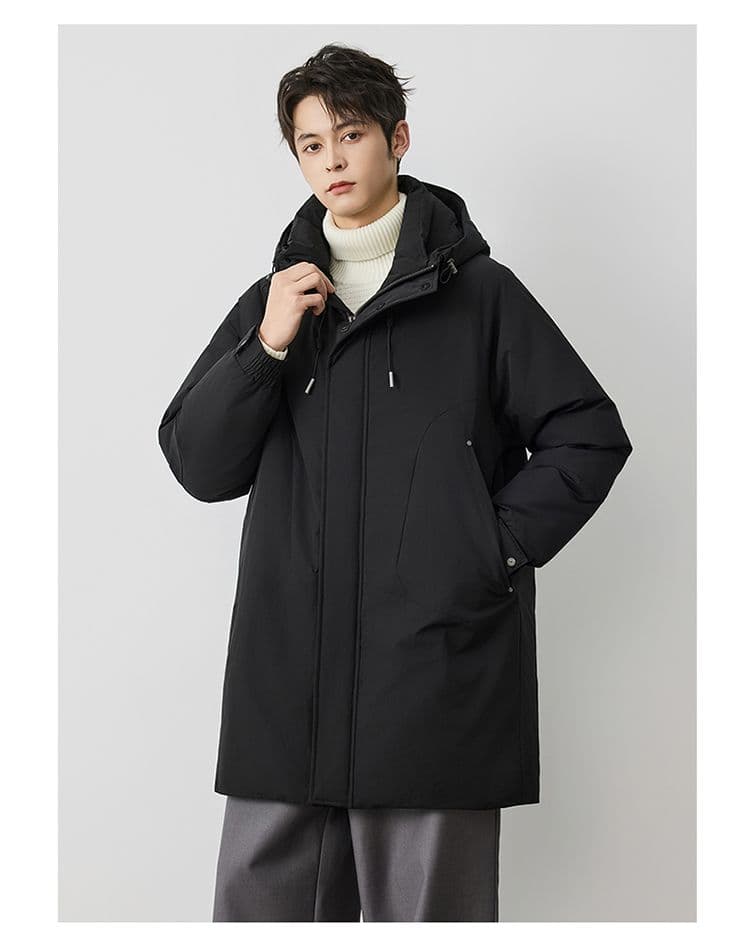 새로운 국가 표준 90 플러시 후드 중간 길이 다운 외투 남자 루즈핏 보온 겨울 감기 예방 미니멀리즘 코트 상세 이미지 16