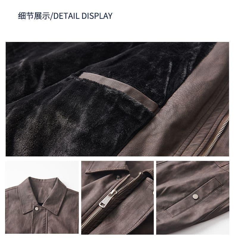 겨울 두꺼운 보온 아메리칸 레트로 가죽 재킷 네리 털이 있는 감기 예방 재킷 남자 고급 센스 워싱 PU 가죽 상세 이미지 2