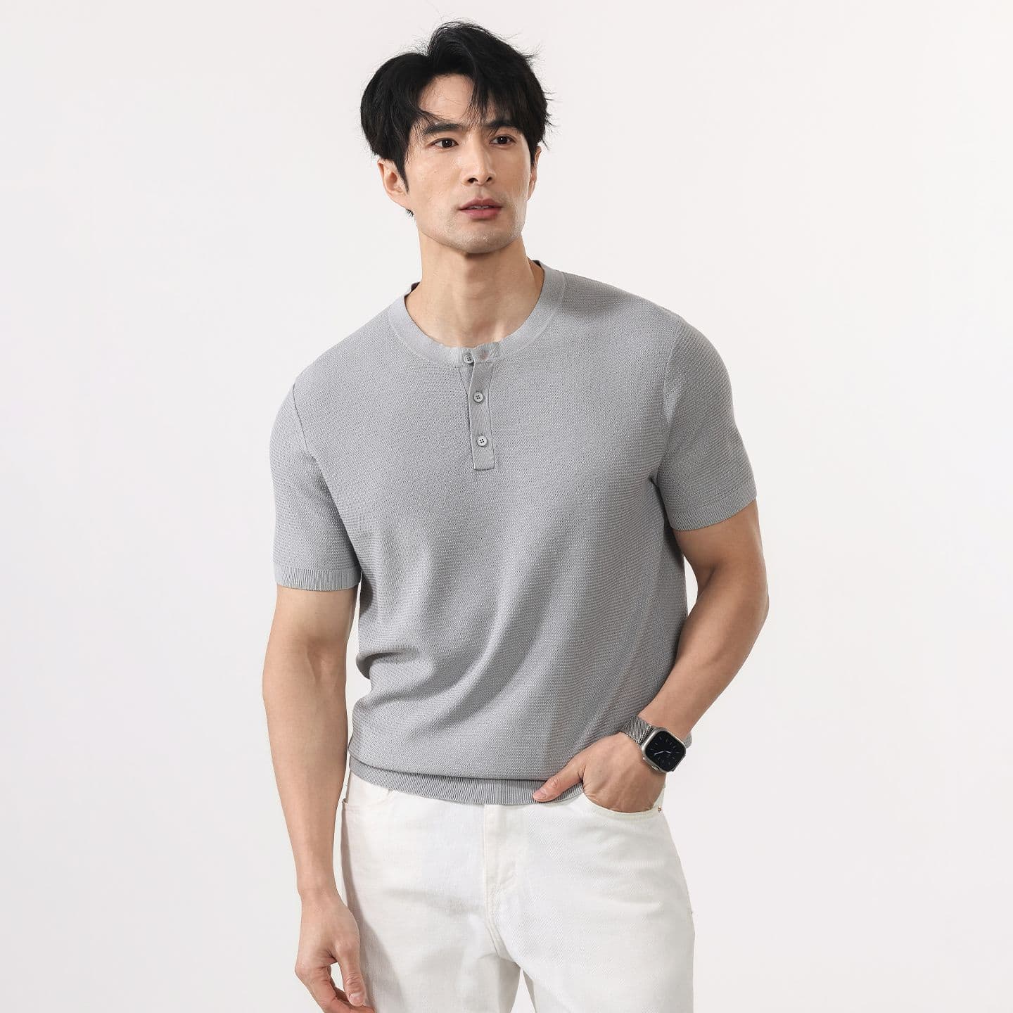 여름 오래된 돈 바람 반팔 티셔츠 남자 2026 여름 새로운 반소매 니트 스웨터 일본식 레트로 단색 이미지 2