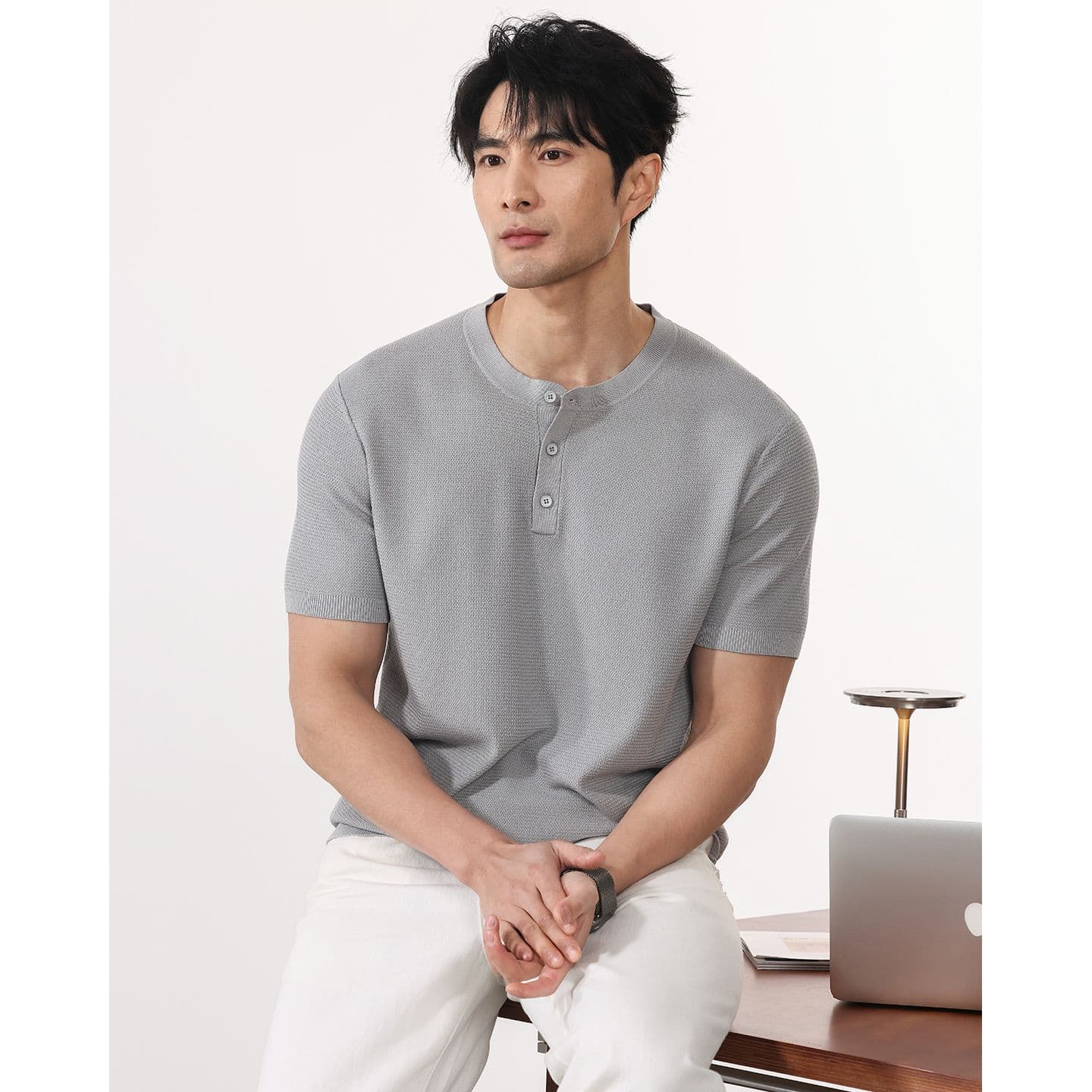 여름 오래된 돈 바람 반팔 티셔츠 남자 2026 여름 새로운 반소매 니트 스웨터 일본식 레트로 단색 이미지 4