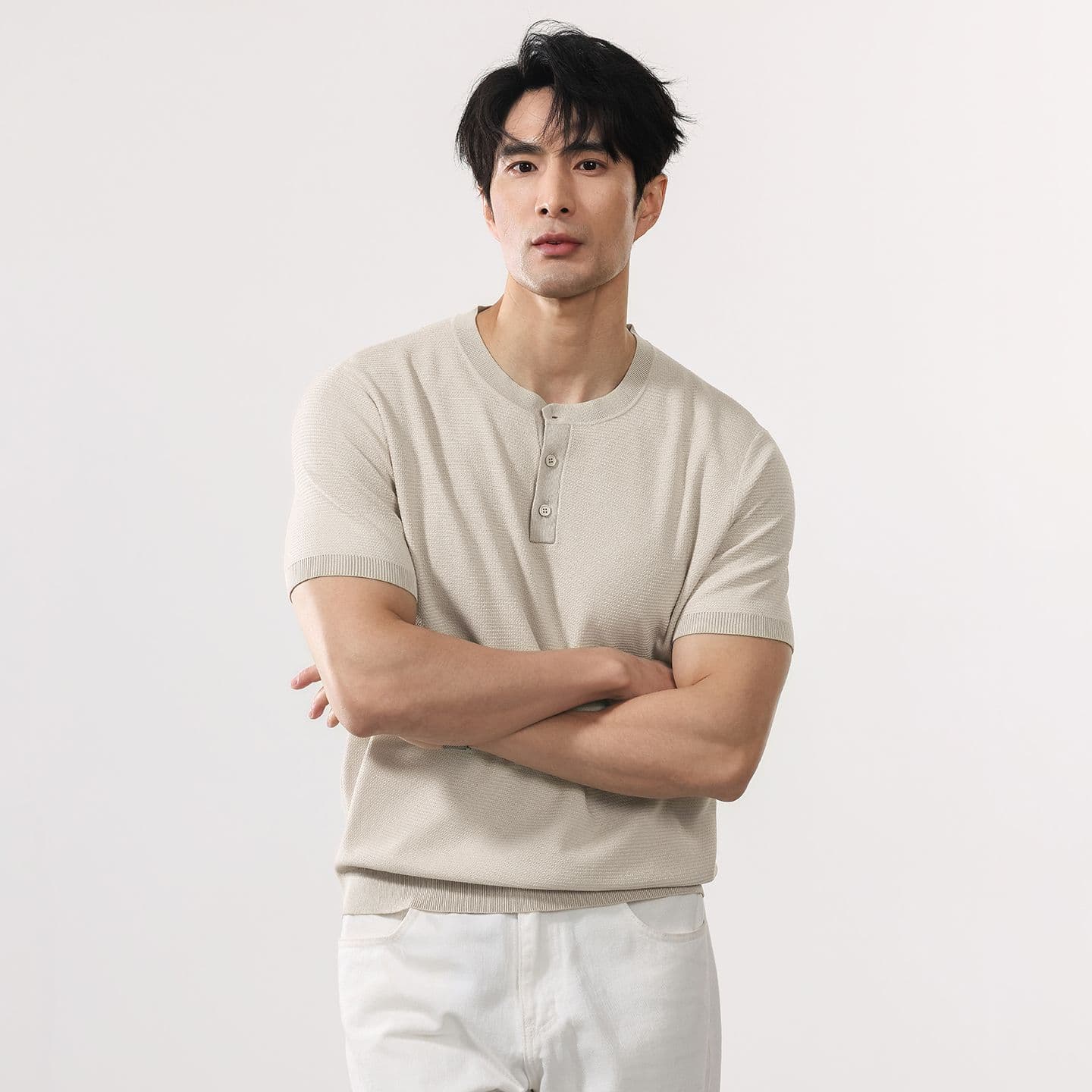 여름 오래된 돈 바람 반팔 티셔츠 남자 2026 여름 새로운 반소매 니트 스웨터 일본식 레트로 단색 이미지 3