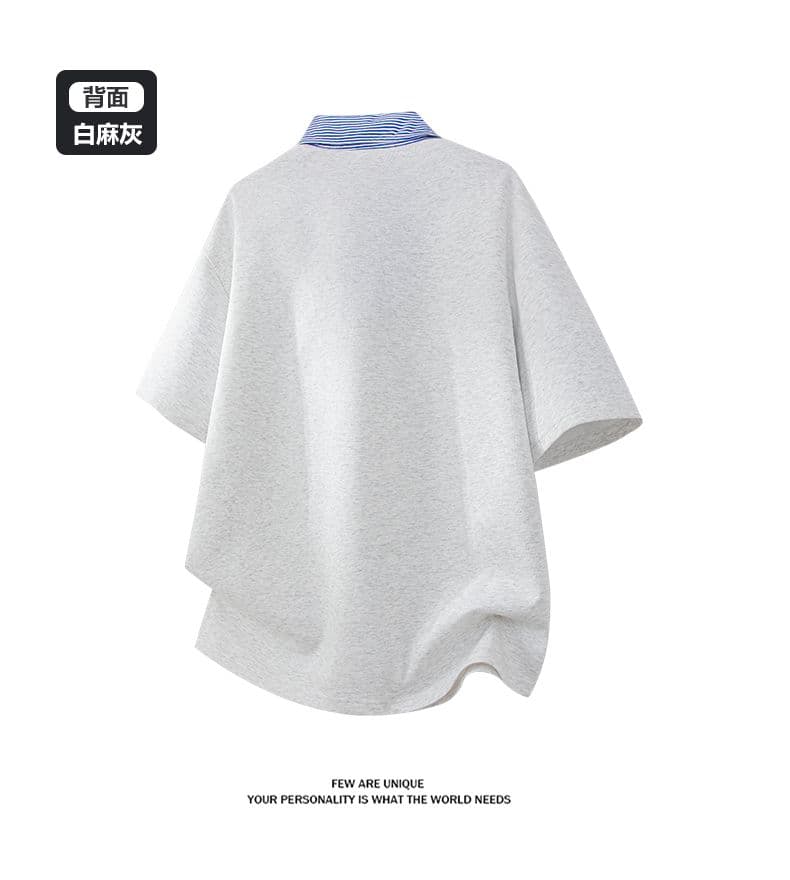 실사 2026 새로운 반팔 POLO 셔츠 남자 남자 바 면 V넥 페이크 레이어드 반팔 블루 흰색 스트립 셔츠 칼라 루즈핏 t 상세 이미지 8