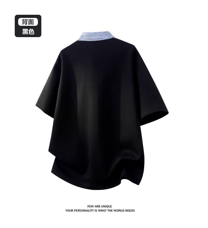 실사 2026 새로운 반팔 POLO 셔츠 남자 남자 바 면 V넥 페이크 레이어드 반팔 블루 흰색 스트립 셔츠 칼라 루즈핏 t 상세 이미지 10