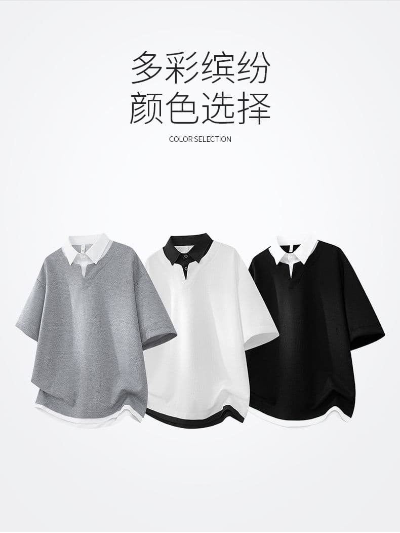 여름 새로운 반팔 POLO 셔츠 남자 후아 남편 그리드 페이크 레이어드 폴로 칼라 반팔 셔츠 칼라 무거운 루즈핏 티셔츠 상세 이미지 3