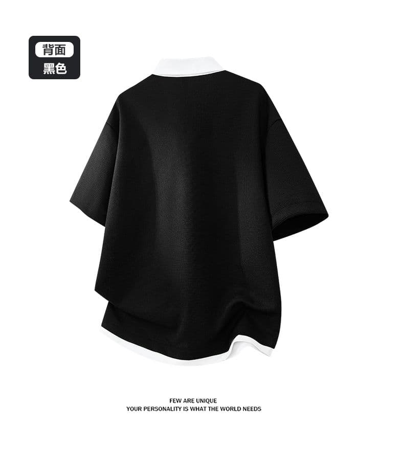 여름 새로운 반팔 POLO 셔츠 남자 후아 남편 그리드 페이크 레이어드 폴로 칼라 반팔 셔츠 칼라 무거운 루즈핏 티셔츠 상세 이미지 8