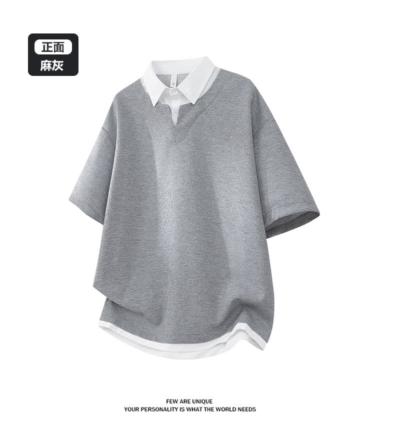 여름 새로운 반팔 POLO 셔츠 남자 후아 남편 그리드 페이크 레이어드 폴로 칼라 반팔 셔츠 칼라 무거운 루즈핏 티셔츠 상세 이미지 9